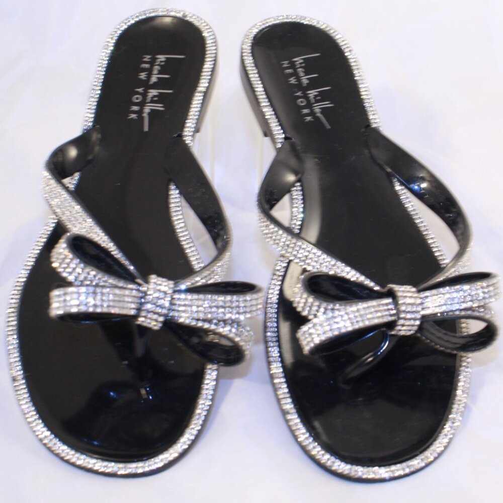 Nicole Miller Size 6 Black FESTES Rhinestone Slip-On Jelly Thong Flipflop Sandal